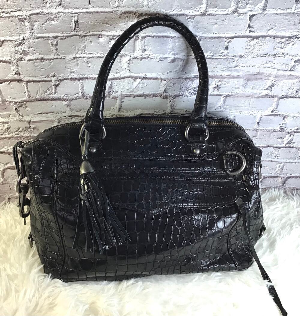 Rebecca Minkoff Black Leather Croc Embossed Morning After Satchel Handbag